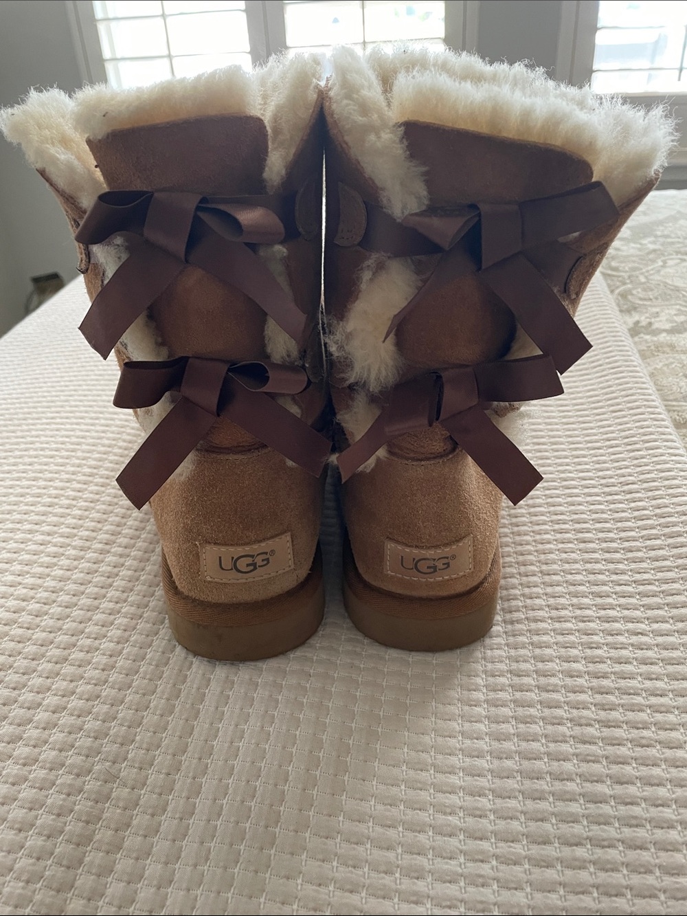 UGG Chestnut Suede Sheepskin Back-Bow Boots